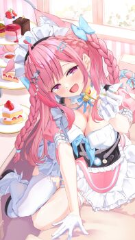 1girl absurdres animal_ears bow braid breasts cake cake_slice cat_ears cat_girl cleavage commentary_request dress food gloves hair_ornament half_gloves highres holding holding_spoon incoming_food indie_virtual_youtuber indoors large_breasts long_hair looking_at_viewer maid maid_headdress open_mouth pink_dress pink_eyes pink_hair recomend_aqua shoes single_thighhigh sitting solo spoon thighhighs virtual_youtuber white_gloves white_shoes white_thighhighs yokozuwari yuuki_sakuna