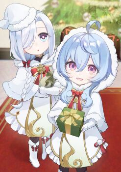 2girls :o aged_down ahoge artist_name ayatsuki_hina blue_hair bow bowtie braid capelet christmas_tree dress fur-trimmed_capelet fur-trimmed_headwear fur_trim ganyu_(genshin_impact) ganyu_(young)_(genshin_impact) genshin_impact gift goat_horns grey_eyes grey_hair hair_between_eyes hair_over_one_eye hat highres holding holding_gift horns indoors long_hair looking_at_viewer multiple_girls open_mouth pom_pom_(clothes) purple_eyes red_bow red_bowtie rug shenhe_(genshin_impact) shirt standing very_long_hair watermark white_capelet white_dress white_hat white_shirt