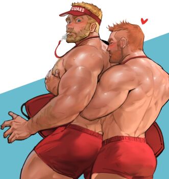 Rule 34 | 2boys, ass, bara, bare pectorals, beard, blonde hair, blush, body hair, carrying, carrying under arm, chest hair, dopey (dopq), facial hair, highres, hug, hug from behind, large pectorals, lifeguard, male focus, male swimwear, multiple boys, muscular, muscular male, orange hair, original, pectoral grab, pectorals, red male swimwear, red swim trunks, short hair, surfboard, surprised, swim trunks, swimsuit, thick thighs, thighs, topless male, whistle, whistle around neck, wide-eyed, yaoi