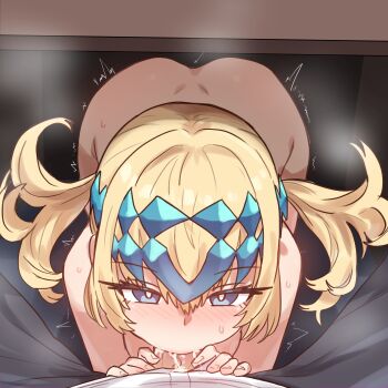 1boy 1girl absurdres ass bent_over black_pants blonde_hair blue_eyes blush bright_pupils clothed_male_nude_female cum cum_in_mouth cum_overflow desk ebora eyelashes fate/grand_order fate_(series) fellatio flipped_hair foreshortening fujimaru_ritsuka_(male) hair_between_eyes half-closed_eyes headpiece hetero highres looking_at_viewer medium_hair nude oral pants pollux_(fate) pov pov_crotch shirt short_twintails sidelocks spread_legs stealth_sex steaming_body sweat twintails twitching uncensored under_table upturned_eyes white_pupils white_shirt