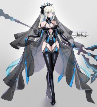 1girl alternate_costume artist_name black_bow black_dress black_thighhighs blue_eyes bow braid breasts bridal_veil character_name cleavage commentary dress earrings english_commentary fate/grand_order fate_(series) garter_straps hair_bow half_up_braid highres jewelry large_breasts long_hair long_sleeves looking_at_viewer morgan_le_fay_(fate) ponytail princess_ailish signature skirt_hold solo staff thighhighs veil very_long_hair white_hair