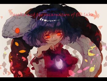 1girl commentary_request english_text glowing glowing_eyes layered_sleeves letterboxed long_sleeves looking_at_viewer mirror mishaguji one-hour_drawing_challenge open_mouth purple_hair red_eyes red_shirt rope shimenawa shinjitsu_no_kuchi shirt short_hair short_over_long_sleeves short_sleeves smile snake solo touhou upper_body white_background white_snake yasaka_kanako