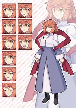 1girl :o absurdres angry black_boots blue_dress boots braid capelet commentary_request diagonal-striped_background dress emiya_shirou expression_chart expressionless fate/grand_order fate_(series) full_body genderswap genderswap_(mtf) hanahiyo_(hoimin) highres kotomine_shirou_(fanfic) lace-up_boots looking_ahead open_mouth orange_hair red_sash sash short_hair side_braid solo standing striped_background white_capelet yellow_eyes zoom_layer