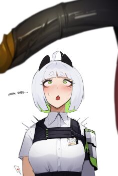 1boy 1girl absurdres ahoge blunt_bangs blurry blurry_foreground blush bob_cut breasts collared_shirt colored_inner_hair commentary english_commentary eva_(the_atko) eyelashes french_text girthy_penis green_eyes heart highres huge_penis id_card looking_at_viewer medium_breasts medium_hair multicolored_hair open_mouth original penis penis_awe shirt short_sleeves simple_background the_atko uncensored upper_body veins veiny_penis white_background white_hair wide-eyed