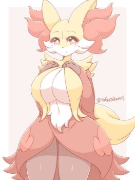 1girl 2021 big_breasts breasts delphox female female_focus fur furry gen_6_pokemon hands_on_chest highres light_blush looking_at_viewer nintendo pokemon pokemon_(creature) red_eyes solo takkatakanoji