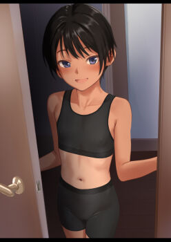 1girl bare_shoulders bike_shorts black_hair black_shorts black_sports_bra blush commentary_request covered_erect_nipples cowboy_shot door doorway flat_chest letterboxed loli looking_at_viewer mutsumura_ryuuichi navel open_mouth opening_door original paid_reward_available pov_doorway purple_eyes short_hair short_shorts shorts smile solo sports_bra tan tomboy variant_set