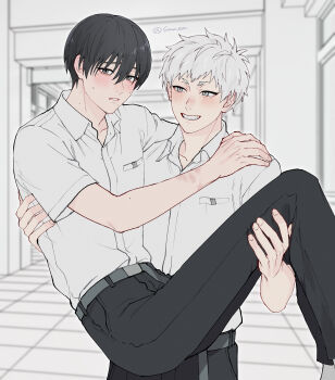 2boys absurdres belt black_hair black_pants carrying collared_shirt commentary_request feet_out_of_frame grey_belt grey_eyes hallway hand_around_neck hand_on_another&#039;s_back highres hikaru_ga_shinda_natsu indoors indou_hikaru looking_at_another looking_at_viewer male_focus mole mole_on_arm mole_on_cheek mole_on_neck mole_under_eye mole_under_mouth multiple_boys multiple_moles pants pocket princess_carry red_pupils school shirt shirt_tucked_in short_eyebrows short_hair short_sleeves slit_pupils sono_nu tsujinaka_yoshiki twitter_username white_hair white_shirt yaoi