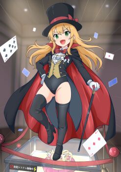 1girl black_boots black_cloak black_hair black_hat black_jacket black_leotard black_thighhighs boots bow bowtie brown_vest cane card cloak commission display_case gem gloves gluteal_fold green_eyes hand_on_own_hip hat high_heel_boots high_heels highres jacket leotard leotard_under_clothes long_hair multicolored_cloak open_mouth original phantom_thief phantom_thief_(kkmomo67) playing_card red_bow red_bowtie red_cloak shirt sign skeb_commission smile solo standing standing_on_one_leg thigh_boots thighhighs thighs top_hat two-sided_cloak two-sided_fabric two-tone_cloak vest warning_sign white_gloves white_shirt zebeltuku_12