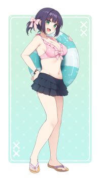 1girl :d bare_shoulders bikini black_hair black_skirt blush border bow breasts brown_sandals cleavage flip-flops frilled_bikini frills green_background green_eyes hair_bow hand_on_own_hip hand_up highres holding holding_swim_ring innertube layered_skirt looking_at_viewer low_ponytail medium_breasts nagami_yuu nail_polish navel open_mouth original pink_bikini pink_bow pink_nails pleated_skirt ponytail sandals sidelocks skirt smile solo swim_ring swimsuit toenail_polish toenails white_border