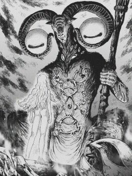 2boys androgynous balance_scale barefoot berserk body_piercings crossover disembodied_eye elden_ring elden_ring_nightreign extra_eyes facing_viewer from_behind goat_horns goat_legs griffith_(berserk) helmet highres horns libra_(elden_ring) long_hair mage_staff multiple_boys nude signature staff unworn_headwear very_big_eyes weighing_scale yitansan