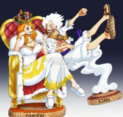 Rule 34 | 1boy, 1girl, board game, breasts, chess, chess piece, cleavage, couple, dress, gear fifth, gomu gomu no mi, king (chess), large breasts, monkey d. luffy, muscular, muscular male, nami (one piece), one piece, queen, queen (chess), royal robe, shampowrado, shirt, smile, throne, white dress, white shirt