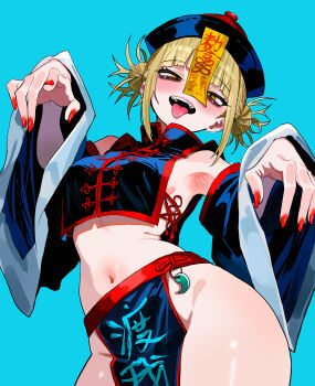 1girl absurdres alternate_costume bags_under_eyes blonde_hair blue_background boku_no_hero_academia breasts chinese_clothes commentary crop_top double_bun hair_bun highres jiangshi_costume medium_breasts messy_hair navel ofuda ofuda_on_head outstretched_arms pelvic_curtain red_nails solo teeth toga_himiko tongue tongue_out upper_teeth_only yellow_eyes zd_(pixiv6210083) zombie_pose