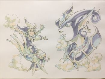 2girls blonde_hair blue_eyes blue_gemstone blue_lips blue_nails braid cloud commentary curled_horns demon_girl disembodied_hand disembodied_head gem giant giantess hair_between_eyes hat highres horns in_palm jester jester_cap lipstick long_hair looking_at_another makeup multiple_girls nail_polish neck_ruff open_mouth original peter_salt pointy_ears pointy_nose pointy_shoes pom_pom_(clothes) puffy_pants puffy_sleeves shoes sitting size_difference traditional_media twin_braids twintails usekh_collar venus_symbol venus_symbol_earrings