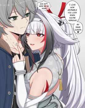 1boy 1girl absurdres ah_shit_here_we_go_again_(meme) animal_ear_fluff animal_ears armlet bare_shoulders black_hair blue_jacket blush bracelet china_dress chinese_clothes closed_mouth collarbone commentary crossed_bangs dress droopy_ears english_commentary english_text gradient_hair green_eyes grey_background grey_dress grey_hair hair_between_eyes hairband hickey highres jacket jewelry long_hair looking_at_another meme metal_bracelet multicolored_hair na_(naneesan1) open_mouth red_eyes red_hair short_hair silver_armlet silver_bracelet simple_background speech_bubble sweat thought_bubble white_hair white_hairband wise_(zenless_zone_zero) ye_shunguang ye_shunguang_(enlightened_state) zenless_zone_zero