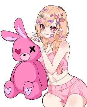 1girl bare_shoulders blonde_hair blush bra braid breasts cleavage commentary english_commentary gradient_hair highres invisible_chair kitagawa_marin large_breasts miovartz multicolored_hair pink_bra pink_hair pink_skirt red_eyes simple_background sitting skirt smile solo sono_bisque_doll_wa_koi_wo_suru stuffed_animal stuffed_toy teddy_bear twin_braids two-tone_hair underwear white_background