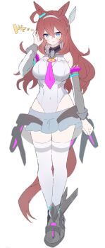 Rule 34 | 1girl, absurdres, ahoge, animal ears, arm at side, blue eyes, boots, breasts, closed mouth, commentary request, covered navel, detached sleeves, ear ornament, full body, grey boots, grey hairband, grey leotard, grey shirt, grey skirt, ha (hura76752775), hair between eyes, hairband, hand in own hair, hand up, highres, horse ears, horse girl, horse tail, huge ahoge, large breasts, leotard, long hair, looking at viewer, mihono bourbon (mb-19890425) (umamusume), mihono bourbon (umamusume), miniskirt, necktie, pink necktie, rigging, shirt, skirt, smile, solo, tail, thighhighs, umamusume, v-shaped eyebrows, white thighhighs