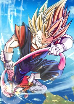 2boys absurdres black_sclera blonde_hair blue_pants blue_shirt boots colored_sclera colored_skin dougi dragon_ball dragonball_z earrings flying_kick gloves gokuu_(goku_xeno59) green_eyes highres jewelry kicking majin_buu male_focus medium_hair midair multiple_boys no_eyebrows orange_shirt pants pink_skin potara_earrings red_eyes shirt spiked_hair super_buu super_saiyan super_saiyan_1 vegetto white_boots white_gloves white_pants