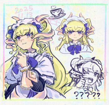 1girl 250en_remon ? ?? apron blonde_hair bow cup dragon_girl dragon_horns dress duel_monster frilled_apron frilled_dress frilled_sleeves frills hair_bow highres horns lady&#039;s_dragonmaid long_hair long_sleeves looking_at_viewer maid maid_apron maid_headdress multiple_horns one_eye_closed open_mouth purple_bow purple_eyes teacup very_long_hair yu-gi-oh!
