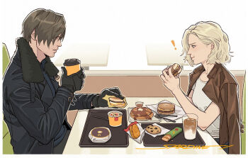 Rule 34 | !, 1boy, 1girl, artist name, beard stubble, black coat, black gloves, black shirt, blonde hair, breasts, brown jacket, burger, chewing, chocolate chip cookie, coat, collared shirt, commentary, cookie, cup, disposable coffee cup, disposable cup, eating, english commentary, facial hair, fast food, food, fur-trimmed coat, fur trim, furrowed brow, gloves, grace ashcroft, hair behind ear, holding, holding burger, holding cup, holding food, jacket, jacket on shoulders, leon s. kennedy, light blush, mcdonald's, mcflurry, medium breasts, pancake, parted lips, resident evil, resident evil requiem, sardine (kjr0313), shirt, short hair, short sleeves, sitting, stubble, t-shirt, table, wavy hair, white shirt