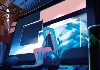 Rule 34 | 1girl, amayoshi, aqua eyes, aqua hair, female focus, hatsune miku, headphones, long hair, miniskirt, monitor, sitting, skirt, solo, twintails, very long hair, vocaloid