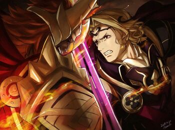 2boys armor black_armor blonde_hair circlet fake_horns fire_emblem fire_emblem_fates fire_emblem_heroes helmet highres horned_helmet horns male_focus multiple_boys nintendo red_eyes red_hair siegfried_(sword) surtr_(fire_emblem) ultrablueanya xander_(fire_emblem)
