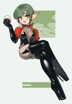 Rule 34 | 1girl, alcohol, black gloves, black leotard, black thighhighs, bodysuit, boots, breasts, chikuwa fan973, cropped jacket, crossed legs, cup, drinking glass, elbow gloves, fang, garter straps, gloves, green hair, high heels, highres, invisible chair, jacket, leotard, looking at viewer, medium breasts, medium hair, open mouth, original, pointy ears, puffy short sleeves, puffy sleeves, red eyes, red jacket, see-through clothes, short sleeves, sidelocks, sitting, skindentation, thigh boots, thighhighs, white background, wine, wine glass