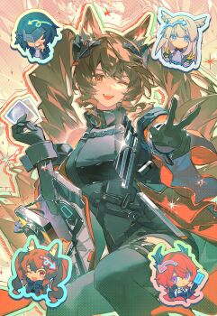 4girls :/ :d absurdres angelina_(arknights) animal_ear_fluff animal_ears arknights arknights:_endfield belt bird_ears bird_girl black_coat black_dress black_gloves black_horns black_thighhighs blush_stickers breasts brown_hair chibi chibi_inset coat commentary demon_horns diamond-shaped_pupils diamond_(shape) double_v dress elbow_gloves endministrator_(arknights) english_commentary expressionless eye_mask female_endministrator_(arknights) food fox_ears fox_girl gilberta_(arknights) glint gloves grey_dress grin hand_on_own_chin headpiece high_belt high_collar highres holding holding_food holding_photo holding_popsicle horns impossible_clothes impossible_dress infection_monitor_(arknights) kana_(knmoca) laevatain_(arknights) long_hair long_sleeves mask medium_breasts medium_hair multiple_girls one_eye_closed open_clothes open_coat open_mouth outline perlica_(arknights) photo_(object) polaroid_photo popsicle purple_eyes red_coat red_eyes red_hair screentones short_dress sleeveless sleeveless_dress smile surtr_(arknights) sweater symbol-shaped_pupils teeth thighhighs thinking twintails upper_teeth_only v w white_sweater wide_sleeves yellow_gloves yellow_pupils zettai_ryouiki zoom_layer