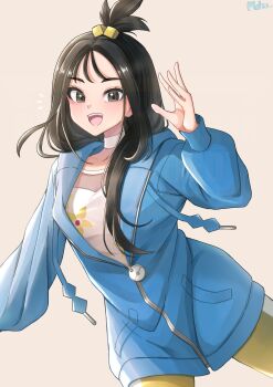 1girl black_hair blue_hoodie blush breasts choker cube_hair_ornament grey_eyes hair_ornament highres hood hood_down hoodie leggings lida_(pokemon) long_hair long_sleeves mochitaro_(mothitaroo) nintendo open_mouth orange_leggings partially_unzipped pokemon pokemon_legends:_z-a shirt simple_background smile solo teeth topknot two-tone_legwear white_choker wispy_bangs