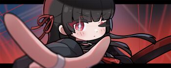 Rule 34 | 1girl, black choker, black hair, chibi, chibi only, chisa (wuthering waves), choker, closed mouth, commentary request, derivative work, gradient background, hair ribbon, highres, korean commentary, letterboxed, light blush, long hair, looking at viewer, neckerchief, one eye closed, outside border, red eyes, red neckerchief, red ribbon, ribbon, solo, upper body, wuthering waves, yami (yami56 u)