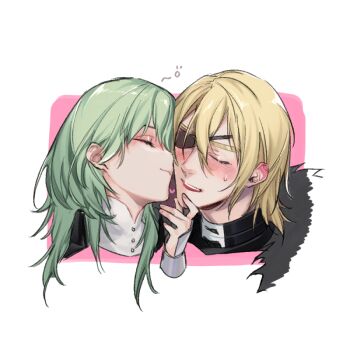 1boy 1girl arm_up armor black_armor black_fur blonde_hair blush closed_eyes closed_mouth cropped_shoulders dimitri_alexandre_blaiddyd dimitri_alexandre_blaiddyd_(timeskip) double-parted_bangs emcgame eyelashes eyepatch female_byleth_(awakened)_(fire_emblem) female_byleth_(fire_emblem) fire_emblem fire_emblem:_three_houses hair_behind_ear hair_between_eyes hand_on_another&#039;s_chin kiss kissing_cheek long_hair nervous_sweating nintendo one_eye_covered open_mouth sweat sweatdrop teeth upper_teeth_only white_background