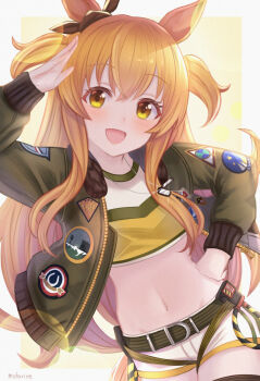 1girl :d animal_ears artist_name belt blush bomber_jacket border bow breasts brown_ribbon commentary cowboy_shot crop_top dog_tags ear_bow ear_ribbon film_grain green_belt green_jacket hand_on_own_hip hand_to_head horse_ears horse_girl horse_tail jacket long_hair long_sleeves looking_at_viewer mayano_top_gun_(scramble_zone)_(umamusume) mayano_top_gun_(umamusume) midriff mohurine_cute navel open_clothes open_jacket open_mouth orange_eyes orange_hair orange_tail ribbon salute shirt short_shorts shorts small_breasts smile solo sun_glare tail two_side_up umamusume white_border white_shorts yellow_background