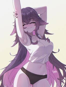 1girl absurdres black_panties blush breasts closed_mouth collarbone colored_skin commentary cowboy_shot english_commentary eyelashes fingernails grey_skin hair_between_eyes hand_on_own_arm highres indie_virtual_youtuber long_hair megalodon_(vtuber) nail_polish navel no_pants one_eye_closed panties purple_eyes purple_hair purple_nails shirt signature simple_background solo stomach stretching underwear very_long_hair virtual_youtuber white_background white_shirt xarakura_xara