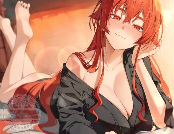 1girl absurdres ass barefoot blush breasts cleavage closed_mouth commentary_request eris_greyrat feet hair_between_eyes highres large_breasts legs light_smile long_hair looking_at_viewer lying marbo_(saico556) mushoku_tensei no_panties on_bed on_stomach red_eyes red_hair seductive_gaze seductive_smile single_bare_shoulder smile solo the_pose thighs