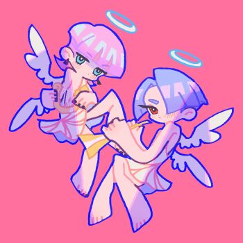 2boys angel_wings bare_shoulders barefoot blue_eyes blue_hair blunt_bangs blush brothers commentary earrings full_body hair_over_one_eye halo harp highres holding holding_harp holding_instrument holding_trumpet instrument jewelry jitome looking_at_viewer male_focus multiple_boys one_eye_covered panty_&amp;_stocking_with_garterbelt parted_hair piercing pink_hair polyester_(psg) polyurethane_(psg) red_eyes reed robe short_hair siblings symbol-only_commentary trumpet white_robe wings