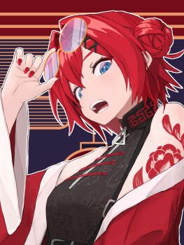 Rule 34 | 1girl, absurdres, adjusting eyewear, ange katrina, ange katrina (7th costume), arm up, bare shoulders, black dress, blue background, blue eyes, blue pupils, breasts, china dress, chinese clothes, commentary, dress, eyewear on head, floral print, floral print dress, from side, glasses, hair bun, hair intakes, hair ornament, high collar, highres, jacket, looking at viewer, looking to the side, nail polish, nijisanji, off shoulder, open mouth, outline, pankou, pince-nez, print dress, purple-tinted eyewear, red background, red hair, red jacket, red nails, red tattoo, round eyewear, shoulder tattoo, single side bun, sleeveless, sleeveless dress, small breasts, solo, tappusan0323, tattoo, teeth, tinted eyewear, upper body, virtual youtuber, white outline, x hair ornament, yellow-framed eyewear