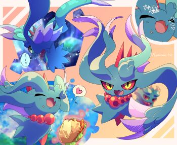 :o closed_eyes colored_sclera commentary_request fang flutter_mane food food_on_face gen_2_pokemon heart highres misdreavus nintendo no_humans open_mouth pokemon pokemon_(creature) pokemon_focus red_eyes red_sclera sandwich skin_fang smile speech_bubble spoken_heart telekinesis white_001 yellow_eyes yellow_sclera