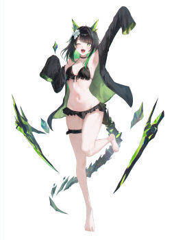1girl ;d absurdres ahoge alternate_costume animal_ears arknights arm_up armpits bikini black_bikini black_choker black_hair blunt_bangs blush breasts choker colored_inner_hair commentary fake_animal_ears fang flower foot_out_of_frame frilled_bikini frills front-tie_bikini_top front-tie_top full_body green_eyes green_hair hair_flower hair_ornament happy highres long_sidelocks looking_at_viewer medium_hair mon3tr_(arknights) multicolored_hair one_eye_closed open_mouth parted_bangs sidelocks simple_background skindentation sleeves_past_wrists small_breasts smile solo standing standing_on_one_leg swimsuit swimsuit_cover-up tail thigh_strap two-sided_fabric white_background zapik