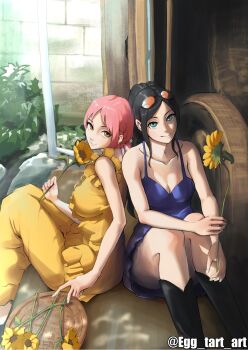 2024 2girls bare_arms bare_shoulders black_hair blue_dress blue_eyes boots braid closed_mouth commentary dress egg_tart_art eyewear_on_head flower highres holding holding_flower looking_at_viewer multiple_girls nico_robin nico_robin_(dressrosa) official_alternate_costume one_piece orange-tinted_eyewear pink_hair ponytail rebecca_(one_piece) sidelocks sitting sleeveless sleeveless_dress smile sunflower tinted_eyewear twitter_username