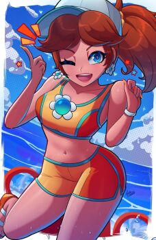 1girl axlhearts bare_shoulders blue_eyes breasts cloud earrings flower_earrings hat jewelry long_hair mario_(series) mario_kart mario_kart_world medium_breasts nintendo one_eye_closed orange_hair ponytail princess_daisy princess_daisy_(swimwear)_(mario_kart_world) shorts sleeveless swimsuit teeth upper_teeth_only water wink