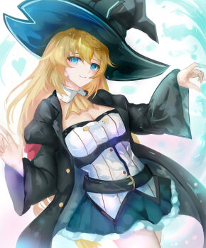 1girl aizawa_azusa ascot belt black_hat black_robe blonde_hair blue_eyes blue_skirt blush braid breasts cleavage closed_mouth eyebrows_hidden_by_hair hair_between_eyes hat highres hydrokinesis large_hat looking_at_viewer medium_breasts robe shirt skirt slime_taoshite_300_nen_shiranai_uchi_ni_level_max_ni_nattemashita smile solo suterisu water white_shirt wide_sleeves witch_hat yellow_ascot