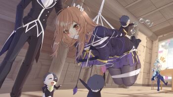 1boy 2girls ahoge anal_beads aqua_(konosuba) bdsm blue_hair bondage boots bound breasts brown_eyes brown_hair character_request cloth_gag crying crying_with_eyes_open detached_sleeves dress feathermare gag gagged highres improvised_gag kono_subarashii_sekai_ni_shukufuku_wo! large_breasts laughing long_hair multiple_girls pleated_dress pleated_skirt purple_dress restrained sex_toy shibari shibari_over_clothes silk skindentation skirt spider_web suspension tears thigh_boots thighhighs wiz_(konosuba) zettai_ryouiki