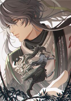 1boy absurdres arm_up black_hair black_pants black_shirt commentary_request grey_eyes grey_hair highres holding holding_sword holding_weapon japanese_clothes layered_sleeves long_hair long_sleeves male_focus multiple_views pants parted_lips qiuyuan_(wuthering_waves) shirt short_over_long_sleeves short_sleeves sword very_long_hair wanxiaoyinghua weapon white_background wuthering_waves