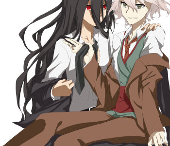 2boys black_coat black_necktie blazer brown_coat brown_pants coat danganronpa_(series) danganronpa_3_(anime) dress_shirt facing_another green_eyes green_sweater_vest hair_between_eyes hand_in_another&#039;s_hair hand_on_another&#039;s_shoulder jacket kamukura_izuru kanahibidaisuki komaeda_nagito leaning_on_person long_hair looking_at_another loose_necktie male_focus multiple_boys necktie pants partially_unbuttoned red_eyes red_necktie shirt sweater_vest undressing unworn_jacket very_long_hair wavy_hair white_background white_hair white_shirt