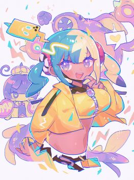 bandeau canari_(pokemon) criss-cross_straps gen_4_pokemon gwynn_(pokemon) heart highres jacket mask mask_pull mouth_mask nintendo pokemon pokemon_legends:_z-a rotom rotom_phone spoken_heart sports_bra sushiuma_m yellow_bandeau yellow_jacket yellow_sports_bra