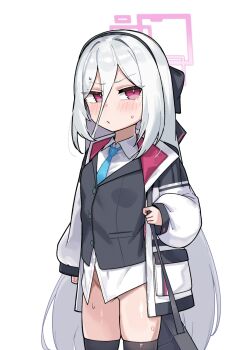 1girl annoyed black_bow black_hairband black_jacket blue_archive blue_necktie blush bottomless bow breasts coat collared_shirt convenient_censoring cowboy_shot dress_shirt furrowed_brow groin hair_between_eyes hair_bow hairband halo highres holding_strap jacket jacket_under_coat kei_(blue_archive) kei_(student)_(blue_archive) leonat loli long_bangs long_hair long_sleeves looking_at_viewer loose_hair_strand necktie nervous_sweating no_pants open_clothes open_coat parted_lips pink_halo purple_eyes rectangular_halo shirt shirttail simple_background small_breasts solo strap suit_jacket sweat sweatdrop v-shaped_eyebrows very_long_hair white_background white_coat white_hair white_shirt