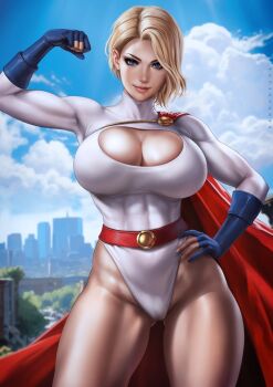 1girl artist_name belt blonde_hair blue_eyes blue_gloves blurry blurry_background breasts cape cityscape cleavage cleavage_cutout clothing_cutout cloud covered_abs cowboy_shot dandon_fuga dc_comics flexing gloves hand_on_own_hip heattech_leotard highleg highleg_leotard large_breasts leotard muscular muscular_female paid_reward_available partially_fingerless_gloves power_girl red_belt red_cape short_hair sky sleeved_leotard solo turtleneck white_leotard