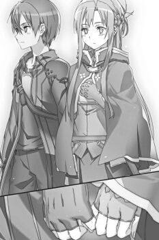1boy 1girl asuna_(sao) blush bunbun cape closed_mouth fingerless_gloves gloves greyscale hair_intakes highres kirito long_hair long_sleeves miniskirt monochrome novel_illustration official_art pants pleated_skirt shirt skirt split_screen sword_art_online sword_art_online_progressive very_long_hair