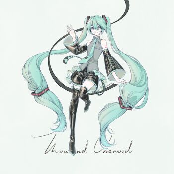 1girl absurdly_long_hair absurdres aqua_belt aqua_eyes aqua_hair aqua_necktie bare_shoulders belt black_belt black_boots black_ribbon black_skirt black_sleeves boots character_name chinese_commentary closed_mouth collared_shirt commentary_request detached_sleeves eyelashes full_body grey_background grey_shirt hair_ornament hand_up happy hatsune_miku headphones headset highres lace lace-trimmed_shirt lace_trim leg_up long_hair long_sleeves looking_at_viewer miniskirt necktie number_tattoo pleated_skirt qianyimuthyimu ribbon shirt shoulder_tattoo signature simple_background skirt sleeveless sleeveless_shirt smile solo standing tattoo thigh_boots tie_clip triangle_print twintails two-tone_belt very_long_hair vocaloid waving wavy_hair wide_sleeves