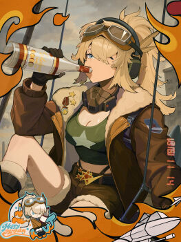 1girl absurdres alcohol badge black_boots black_gloves blonde_hair blue_eyes boots bottle breasts brown_jacket brown_shorts chibi chibi_inset cleavage drinking feet_out_of_frame fire gloves goggles goggles_on_head green_shirt grey_sky hair_over_one_eye hand_up happy_birthday headphones highres holding holding_bottle jacket jiangjiangjiangqiu large_breasts lilya_(reverse:1999) looking_at_viewer mask mask_around_neck midriff on_swing one_eye_covered open_clothes open_jacket oxygen_mask photo_date_watermark ponytail reverse:1999 shirt shorts sitting sky solo star_(symbol) star_print swing vodka