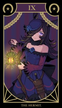 Rule 34 | 1girl, absurdres, animal ears, bare shoulders, black thighhighs, blue dress, blue flower, blue hat, blue rose, breasts, brown hair, card, closed mouth, collarbone, commentary request, dagger, dress, fascinator, fire, flipped hair, flower, fur choker, hair over one eye, hat, hat flower, highres, holding, holding lantern, horse ears, horse girl, knife, lantern, long hair, long sleeves, looking at viewer, off-shoulder dress, off shoulder, purple eyes, rice shower (rosy dreams) (umamusume), rice shower (umamusume), rirashi, rose, sheath, sheathed, small breasts, solo, star (symbol), tarot, tarot card, the hermit (tarot), thighhighs, tilted headwear, umamusume, weapon
